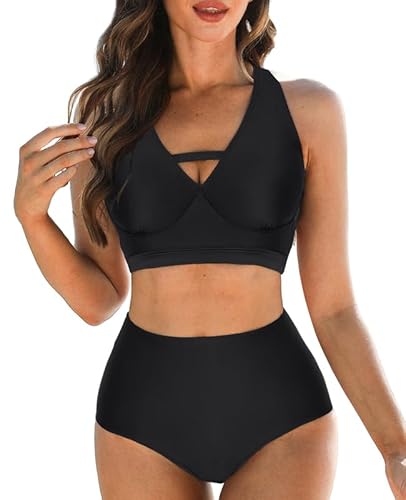 Bikini Damen Set,weicher Badeanzug, V-Ausschnitt Bikini-Oberteile und High Waist Bikini-Unterteile, Cut Out Bademode, bedruckte Badebekleidung, Bauchweg Badeanzüge, gepolsterte Strandbekleidung von JASAMBAC