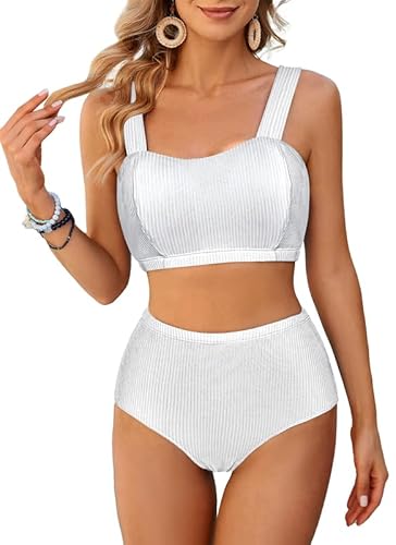 Bikini Damen Set , Bikini，Badeanzug Damen Bauchweg , Bikini Push Up -Oberteil Und High Waist Bikini-Unterteile Badebekleidung Weiche Bademode Elastische Schwimmanzug Gerippt Bescheiden Bademode von JASAMBAC