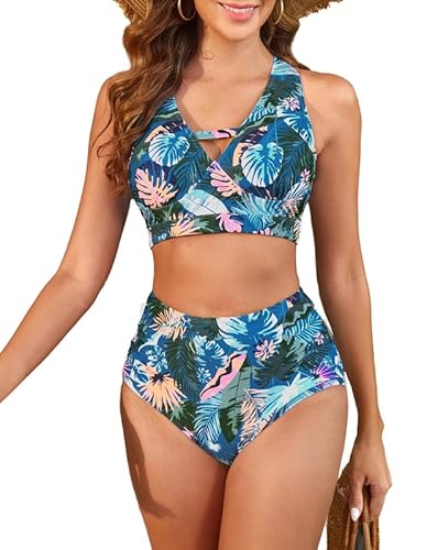 Bikini Damen Set Push Up, Badeanzug, V-Ausschnitt Bikini-Oberteile und High Waist Bikini-Unterteile, Cut Out Bademode, bedruckte Badebekleidung, Bauchweg Badeanzüge, gepolsterte Strandbekleidung von JASAMBAC