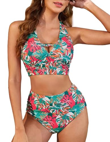 Bikini High Waist damen,weicher Badeanzug, V-Ausschnitt Bikini-Oberteile und High Waist Bikini-Unterteile, Cut Out Bademode, bedruckte Badebekleidung, Bauchweg Badeanzüge, gepolsterte Strandbekleidung von JASAMBAC