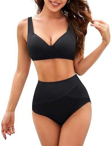 Bikini Sets FüR Damen, V-Ausschnitt Bikini-Oberteil Und Bauchweg High Waist Bikini-Unterteile Hinten Festbinden Badebekleidung Weiche Bademode Elastische Badeanzüge Gerippt Bademode Schwimmanzug von JASAMBAC