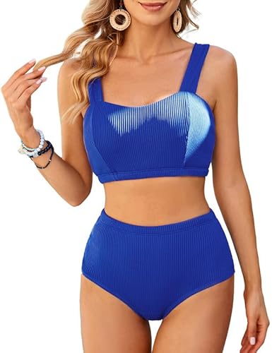 JASAMBAC Badeanzug Damen Bauchweg,Bikini-Sets FüR Damen, Bikini-Oberteil Und High Waist Bikini-Unterteile Badebekleidung Weiche Bademode Elastische Schwimmanzug Gerippt Bescheiden Bademode von JASAMBAC