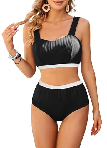 JASAMBAC Badeanzug Damen Bauchweg,Bikini-Sets FüR Damen, Bikini-Oberteil Und High Waist Bikini-Unterteile Badebekleidung Weiche Bademode Elastische Schwimmanzug Gerippt Bescheiden Bademode von JASAMBAC