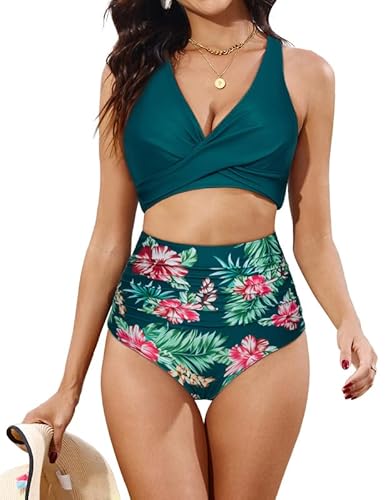 JASAMBAC Bikini, Damen Bademode Bauchweg,Twsit Cross Push Up Bikini-Oberteil Und High Waist Bikini-Unterteile, Weiche Hochwertige Bademode BadeanzüGe FüR Strand, Pool Mit Verstellbaren Schultergurten von JASAMBAC
