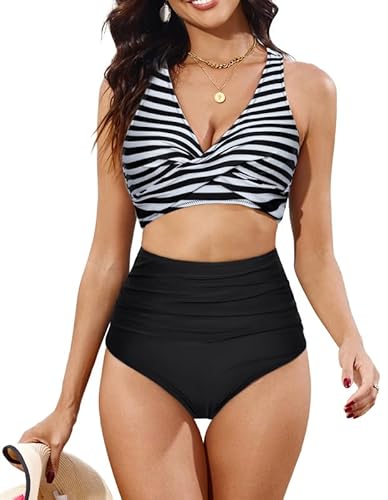 JASAMBAC Bikini Damen Bauchweg, Twsit Cross Push Up Bikini-Oberteil Und High Waist Bikini-Unterteile, Weiche Hochwertige Bademode BadeanzüGe FüR Strand, Pool Mit Verstellbaren Schultergurten von JASAMBAC