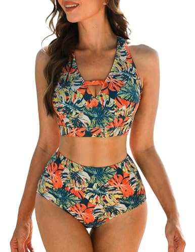 JASAMBAC Bikini Damen Bauchweg,weicher Badeanzug, V-Ausschnitt Bikini-Oberteile und High Waist Bikini-Unterteile, Cut Out Bademode, Bedruckte Badebekleidung, gepolsterte Strandbekleidung von JASAMBAC