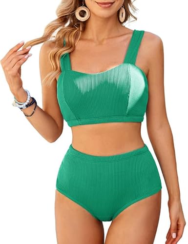 JASAMBAC Bikini Damen Set, Badeanzug Damen Bauchweg, Bikini Push Up -Oberteil Und High Waist Bikini-Unterteile Badebekleidung Weiche Bademode Elastische Schwimmanzug Gerippt Bescheiden Bademode von JASAMBAC