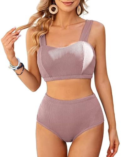 JASAMBAC Bikini Damen Set, Badeanzug Damen Bauchweg, Bikini Push Up -Oberteil Und High Waist Bikini-Unterteile Badebekleidung Weiche Bademode Elastische Schwimmanzug Gerippt Bescheiden Bademode von JASAMBAC