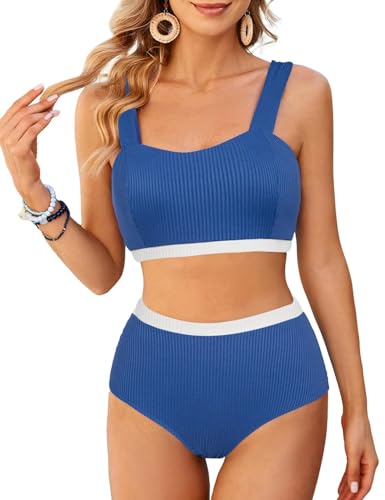 JASAMBAC Bikini Damen Set, Badeanzug Damen Bauchweg, Bikini Push Up -Oberteil Und High Waist Bikini-Unterteile Badebekleidung Weiche Bademode Elastische Schwimmanzug Gerippt Bescheiden Bademode von JASAMBAC