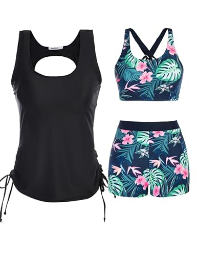 JASAMBAC Bikini Damen.3-Teiliger Tankini Damen Bauchweg, Push-Up-Bikinioberteil Und High Waist Badeshorts, Einfache Badebekleidung, Damen-Sport-Badeanzug, Bademode FüR Schwimmbad, Strand von JASAMBAC