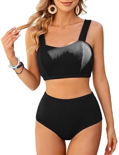 JASAMBAC Bikini High Waist Damen ，Badeanzug Damen Bauchweg, Bikini Push Up Badebekleidung Weiche Bademode Elastische Schwimmanzug Gerippt Bademode Bescheiden Badebekleidung von JASAMBAC