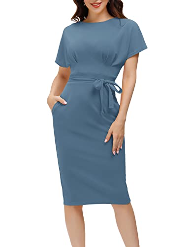 JASAMBAC Damen Bodycon Bleistiftkleid Bürokleidung zu Arbeit Kleider mit Taschengürtel, Haze Blue, XX-Large von JASAMBAC