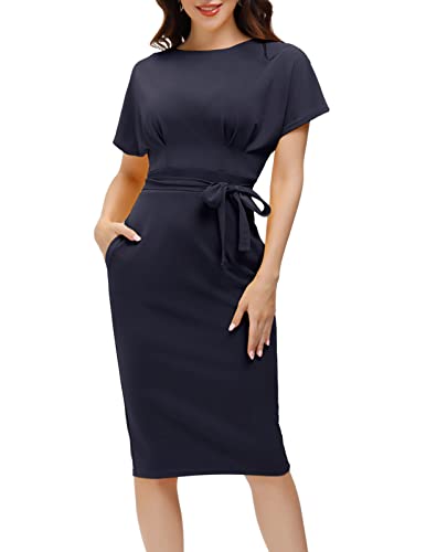 JASAMBAC Figurbetontes Bleistiftkleid für Damen, Bürokleidung, Arbeitskleider mit Taschengürtel, Marineblau, XX-Large von JASAMBAC