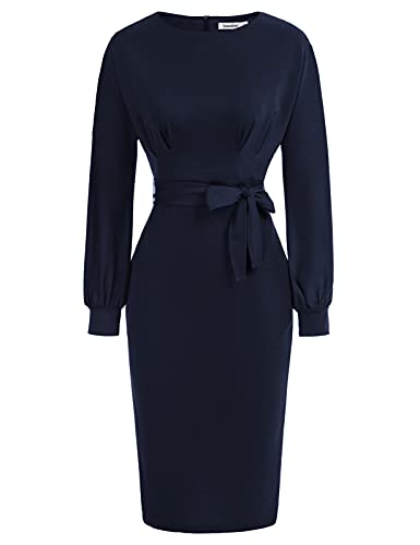 JASAMBAC Damen Bodycon Bleistiftkleid Bürokleidung zu Arbeit Kleider mit Taschengürtel, Marineblau, lange Ärmel, Klein von JASAMBAC