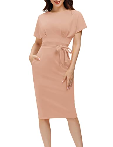 JASAMBAC Damen Bodycon Bleistiftkleid Bürokleidung zu Arbeit Kleider mit Taschengürtel, Pink, Klein von JASAMBAC