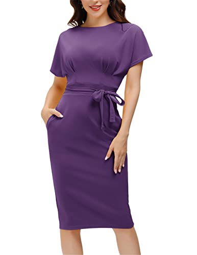 JASAMBAC Damen Bodycon Bleistiftkleid Bürokleidung zu Arbeit Kleider mit Taschengürtel, Violett, X-Groß von JASAMBAC