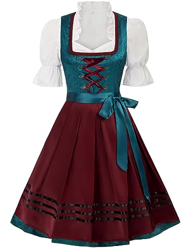 JASAMBAC Damen Dirndl 3 Teilig Oktoberfest Kostüme für Bayerischen Karneval Blau+Grün XL von JASAMBAC