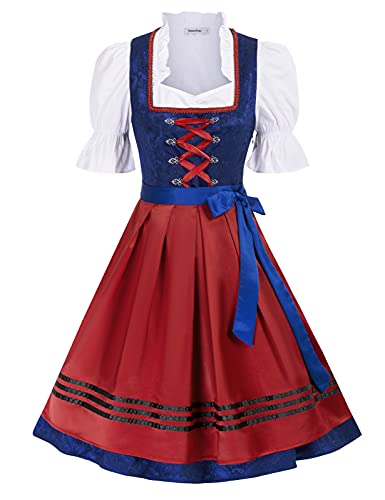 JASAMBAC Damen Dirndl 3 Teilig Oktoberfest Kostüme für Bayerischen Karneval Blau+Rot 2XL von JASAMBAC