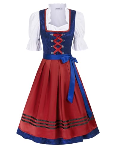 JASAMBAC Damen Dirndl 3 Teilig Oktoberfest Kostüme für Bayerischen Karneval Blau+Rot 2XL von JASAMBAC