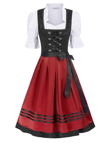 JASAMBAC Damen Dirndl 3 Teilig Oktoberfest Kostüme für Bayerischen Karneval Schwarz+Rot XL von JASAMBAC