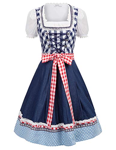 JASAMBAC Damen Dirndl midi 3-teiliges Trachtenkleid Trachtenrock Kleid Dirndlbluse für Oktoberfest, Karneval Blau S von JASAMBAC