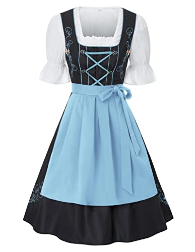 JASAMBAC Damen Dirndl midi 3-teiliges Trachtenkleid Trachtenrock Kleid Dirndlbluse für Oktoberfest, Karneval Hellblau 2XL von JASAMBAC