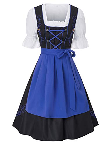 JASAMBAC Damen Dirndl midi 3-teiliges Trachtenkleid Trachtenrock Kleid Dirndlbluse für Oktoberfest, Karneval Königsblau XL von JASAMBAC