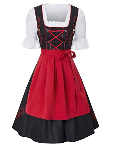 JASAMBAC Damen Dirndl midi 3-teiliges Trachtenkleid Trachtenrock Kleid Dirndlbluse für Oktoberfest, Karneval Rot 2XL von JASAMBAC