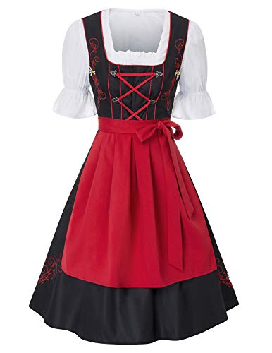 JASAMBAC Damen Dirndl midi 3-teiliges Trachtenkleid Trachtenrock Kleid Dirndlbluse für Oktoberfest, Karneval Rot S von JASAMBAC