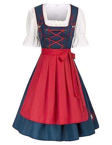 JASAMBAC Damen Dirndl midi 3-teiliges Trachtenkleid Trachtenrock Kleid Dirndlbluse für Oktoberfest, Rot Blauer Hintergrund 2XL von JASAMBAC