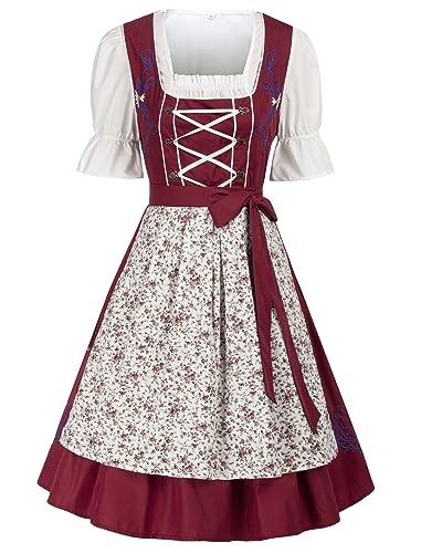 JASAMBAC Damen Dirndl midi 3-teiliges Trachtenkleid Trachtenrock Kleid Dirndlbluse für Oktoberfest, kleine Blumen auf weißem Hintergrund S von JASAMBAC