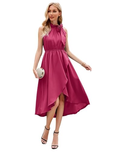 JASAMBAC Damen High Low Kleid für Hochzeitsgäste 2036 Neckholder, elastische Taille, Rüschen, geteilt, fließend, Cocktail von JASAMBAC