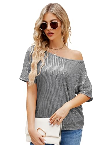 JASAMBAC Damen-Oberteil mit Pailletten in Übergröße, One-Shoulder-Kurzarm, sexy Glitzer-Party-Urlaub, Club, glitzerndes Hemd, Grau, XL JASAMBAC Damen-Oberteil mit Pailletten in Übergröße, One-Shoulder-Kurzarm, sexy Glitzer-Party-Urlaub, Club, glitzerndes Hemd, Grau, XL von JASAMBAC