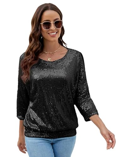 JASAMBAC Damen Oberteile mit funkelnden Pailletten, schimmernd, glitzernd, lockere, schulterfreie Party Tunika, Fledermaus-Dolman-Kleideroberteile von JASAMBAC