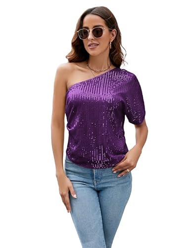 JASAMBAC Damen Pailletten Tops Sparkle Shimmer einschulterig, sexy, glänzendes Bling Unterhemd für Glitzer Party von JASAMBAC