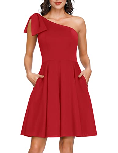 JASAMBAC Damen Schleife One Shoulder Kleid mit Taschen A-Linie Cocktailkleid Partykleid von JASAMBAC