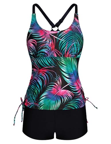 JASAMBAC Damen Tankini Zweiteilig Zweiteiliger Badeanzug Bauchweg Tankini Oberteil Und High Waist Badeshorts Komfortabel Bademode Mit Verstellbare Schultergurte Sportlich Strandmode von JASAMBAC