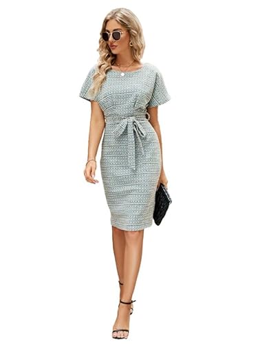 JASAMBAC Damen Tweed Bleistiftkleid, Elegantes Business, figurbetont, kurzärmelig, zum Arbeiten, Bürokleid von JASAMBAC