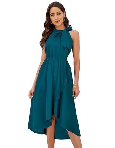 JASAMBAC Neckholder-Midikleid für Damen 2023, Übergröße, Elegantes ärmelloses Kleid mit Gürtel, Pfauenblau, 2XL von JASAMBAC