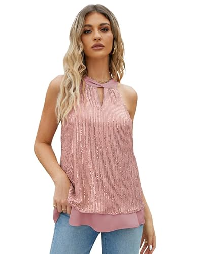 JASAMBAC Pailletten Glitzer Neckholder Tops für Damen, ärmelloses Schlüsselloch Knoten Weste Hemd, Cocktail Party, Club Tanktop von JASAMBAC