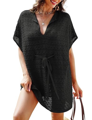 JASAMBAC Strandkleid,Übergröße Damen strandtunika,gestrickter Bikini Cover Up,ausgehöhlte Pareos,Sommer Strandkleider,gehäkelte Bademode Strandkleider mit Gürtel von JASAMBAC