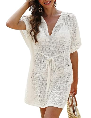 JASAMBAC Strandkleider Damen Sommer,Übergröße strandtunika,gestrickter Bikini Cover Up,ausgehöhlte Pareos,Sommer Strandkleider,gehäkelte Bademode Strandkleider mit Gürtel von JASAMBAC