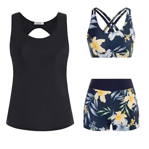 JASAMBAC Tankini Damen,Badeanzug Damen Bauchweg.3-Teiliger Bikini Damen Set,Push-Up-Bikinioberteil Und High Waist Badeshorts, Einfache Badebekleidung, Damen-Sport-BadeanzüGe von JASAMBAC