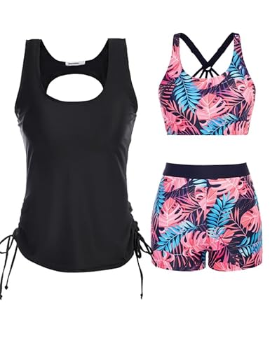 JASAMBAC Tankini Damen,Badeanzug Damen Bauchweg.3-Teiliger Bikini Damen Set,Push-Up-Bikinioberteil Und High Waist Badeshorts, Einfache Badebekleidung, Damen-Sport-BadeanzüGe von JASAMBAC