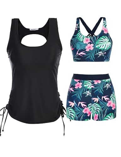 JASAMBAC Tankini Damen Bauchweg, 3-Teiliger Bikini Set,Push-Up-Bikinioberteil Und High Waist Badeshorts, Einfache Badebekleidung, Damen-Sport-Badeanzug, Badebekleidung FüR Schwimmbad, Strand von JASAMBAC