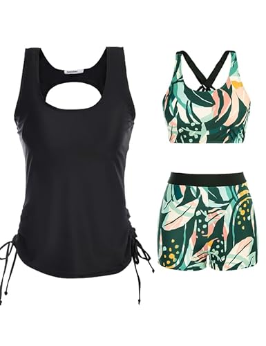 JASAMBAC Tankini Damen GroßE GrößEn,Badeanzug Damen Bauchweg.3-Teiliger Bikini Damen Set,Push-Up-Bikinioberteil Und High Waist Badeshorts, Einfache Badebekleidung, Damen-Sport-BadeanzüGe von JASAMBAC