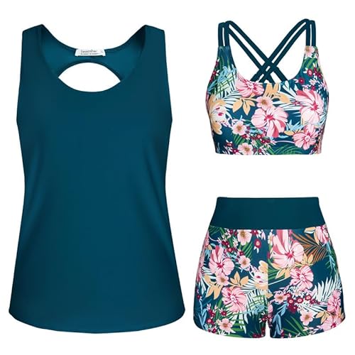 JASAMBAC Tankini Damen GroßE GrößEn,Badeanzug Bauchweg.3-Teiliger Bikini Damen Set,Push-Up-Bikinioberteil Und High Waist Badeshorts, Einfache Badebekleidung, Sport-BadeanzüGe von JASAMBAC