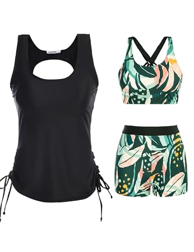 JASAMBAC Tankini GroßE GrößEn,Badeanzug Damen Bauchweg.3-Teiliger Bikini Damen Set,Push-Up-Bikinioberteil Und High Waist Badeshorts, Einfache Badebekleidung, Damen-Sport-BadeanzüGe von JASAMBAC