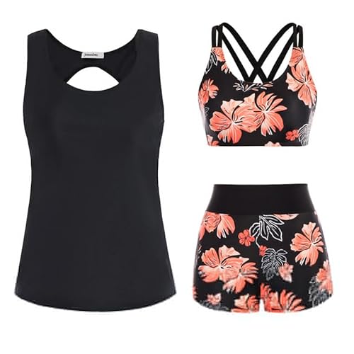 JASAMBAC Tankini GroßE GrößEn,Badeanzug Damen Bauchweg.3-Teiliger Bikini Damen Set,Push-Up-Bikinioberteil Und High Waist Badeshorts, Einfache Badebekleidung, Damen-Sport-BadeanzüGe von JASAMBAC