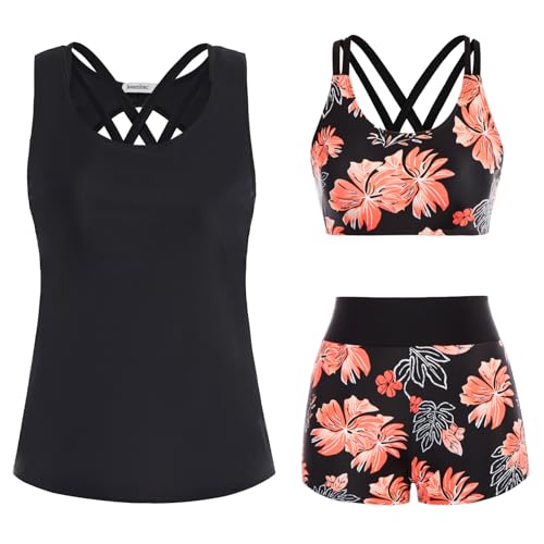 JASAMBAC Tankini Mit Shorts,Badeanzug Damen Bauchweg.3-Teiliger Bikini Damen Set,Push-Up-Bikinioberteil Und High Waist Badeshorts,Einfache Badebekleidung, Sport-BadeanzüGe von JASAMBAC